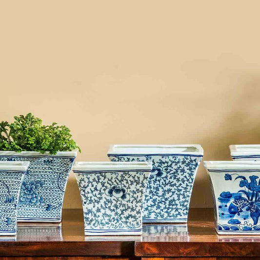 Square Flared Planter - Blue and White Mix - S/6
