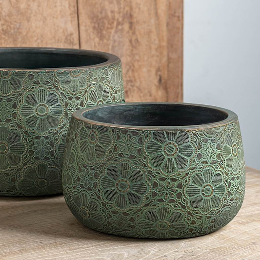 Etched Daisy Planter - Green with Bronze - S/4